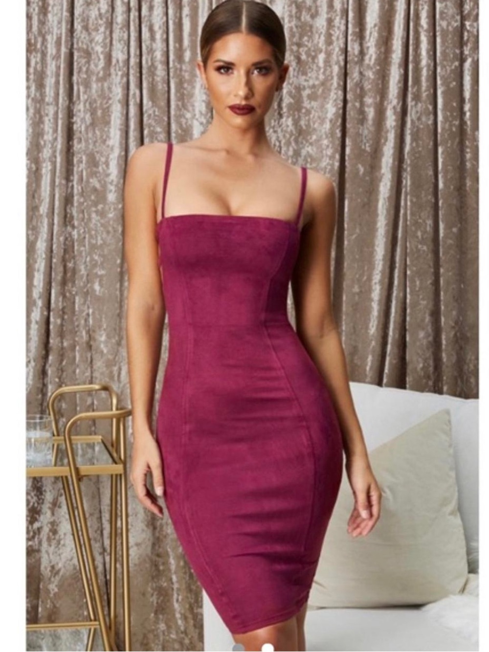 OH POLLY Fitted Spaghetti-Strap Bodycon Dress in Berry/Burgundy